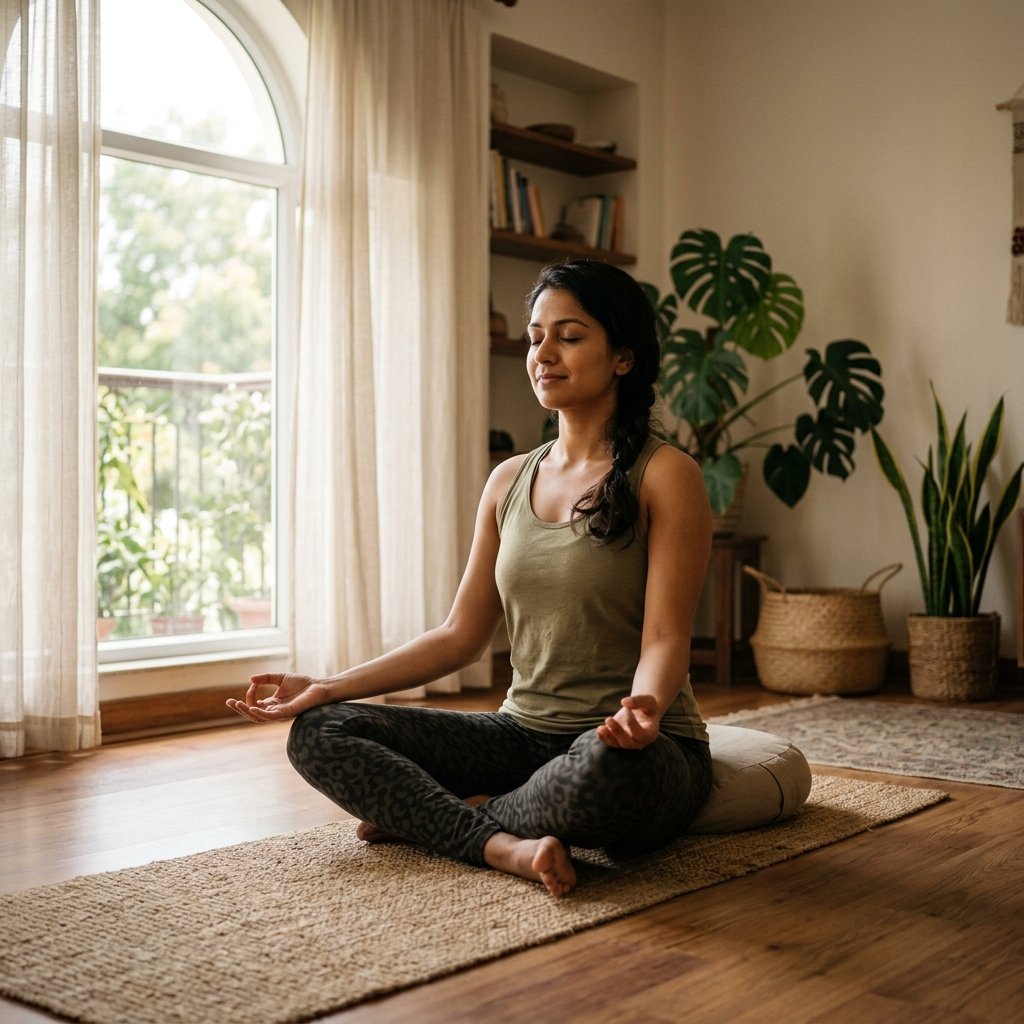 Woman practicing an online yoga class at home — Blossom Yoga Studio